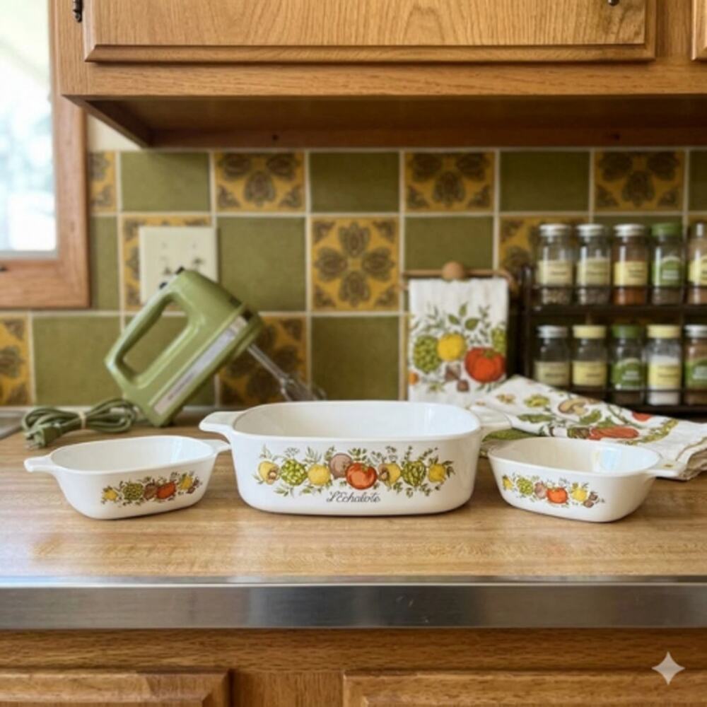 Spice O' Life L’Echalote Corningware 3 Pc. Casserole / Serving Set, Vintage!
